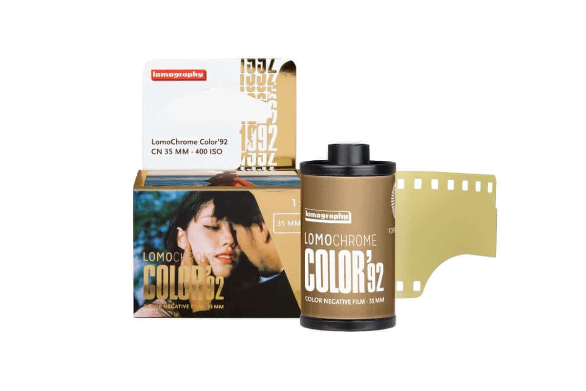 Lomochrome Color '92 400 ISO 35mm film with box and canister showcasing retro photography appeal.