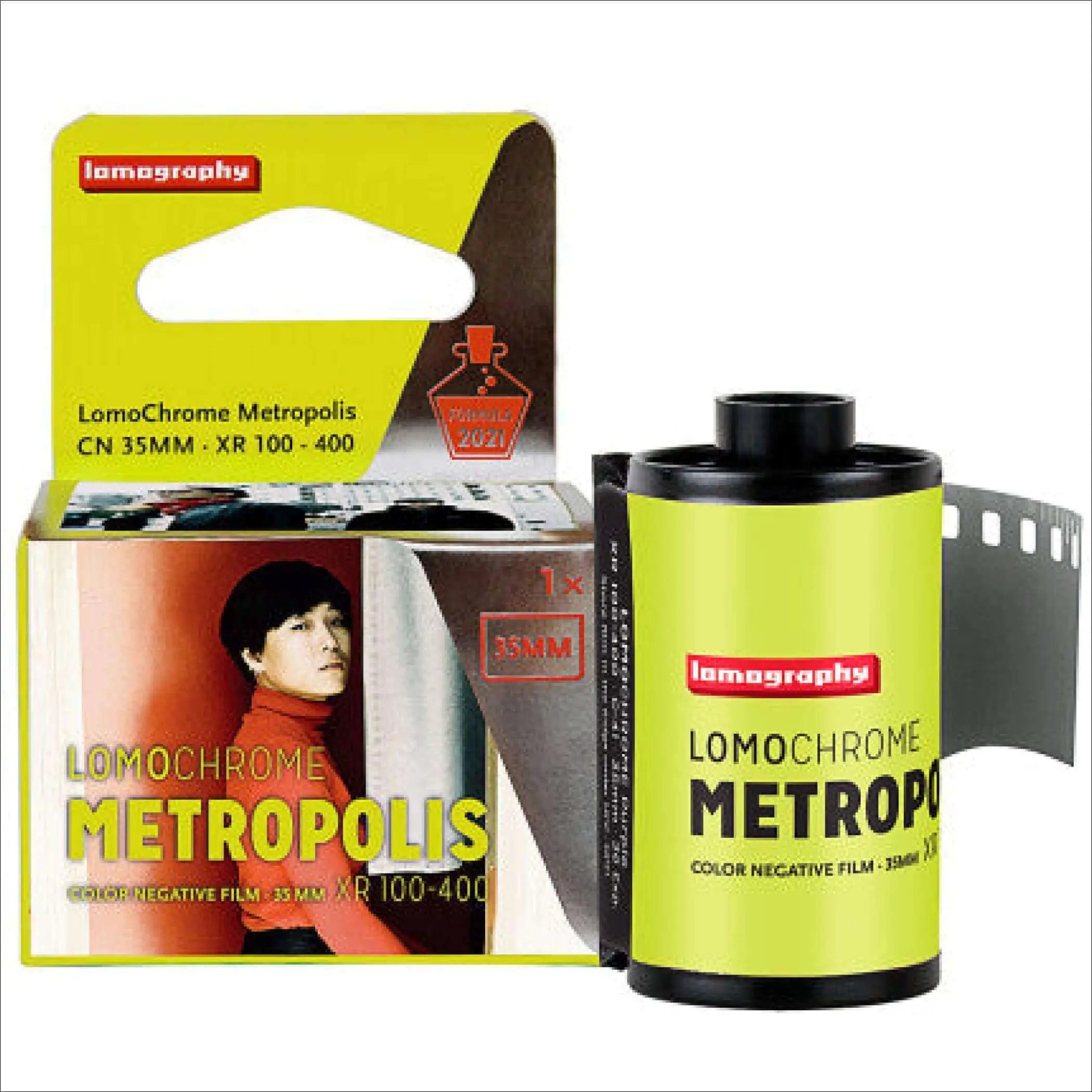 Lomography lomochrome metropolis 35mm color negative film in a vibrant lime green canister with black caps and perforated edges.
