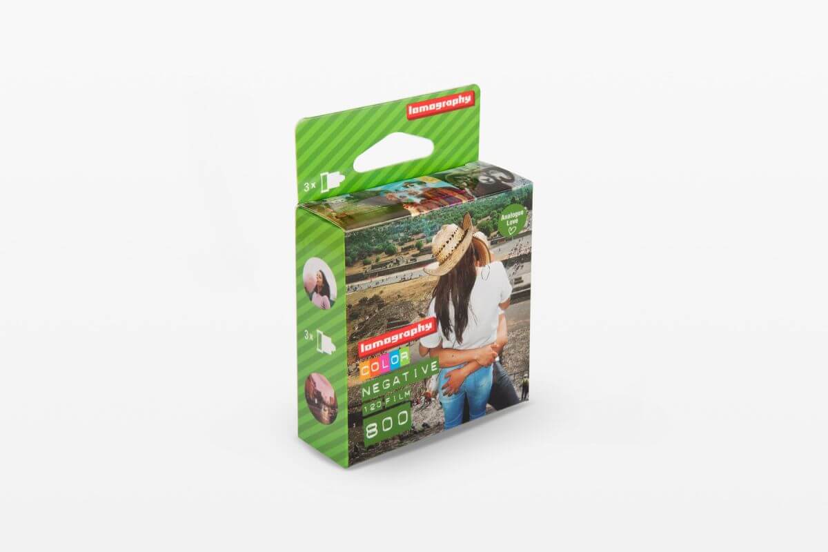 Lomography 800 Color Negative Film packaging for 35mm and 120 formats, showcasing vibrant colors and high-speed performance.