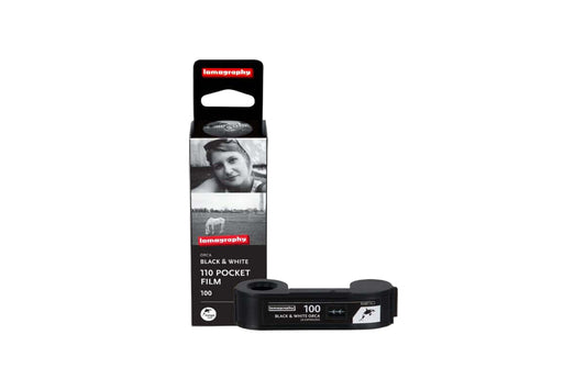 Lomography B&W Orca 110 film pack showcasing black and white photography for 110 cameras, with 24 exposures.