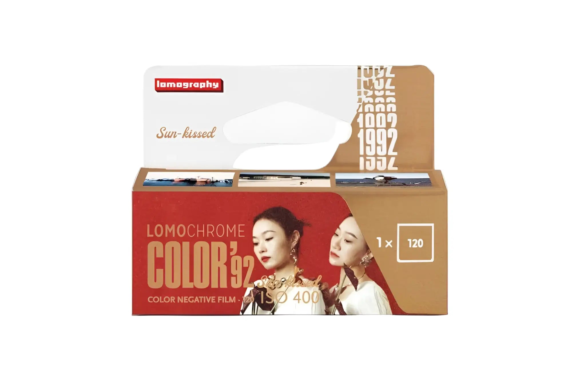 Lomography lomochrome color 92 color negative film in a red and brown cardboard box with images of two women on the front.