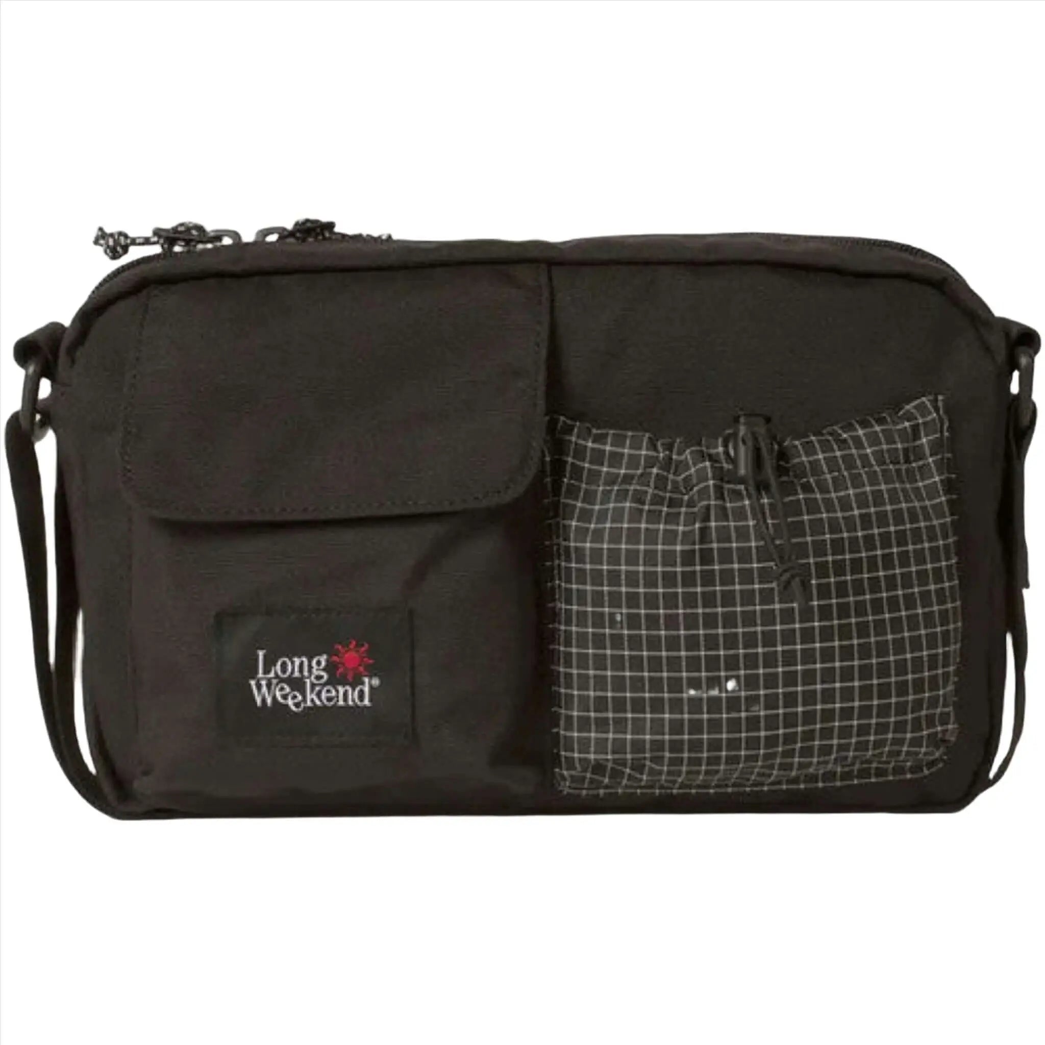 Black long weekend crossbody bag with a grid-patterned pocket and adjustable strap.