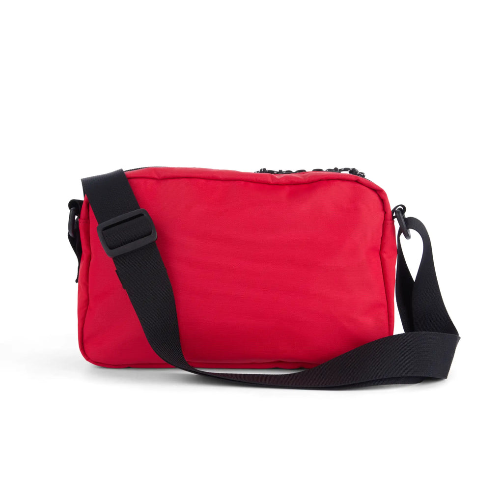 Red weave nylon santa fe camera bag with black adjustable strap and zipper closure for long weekend use