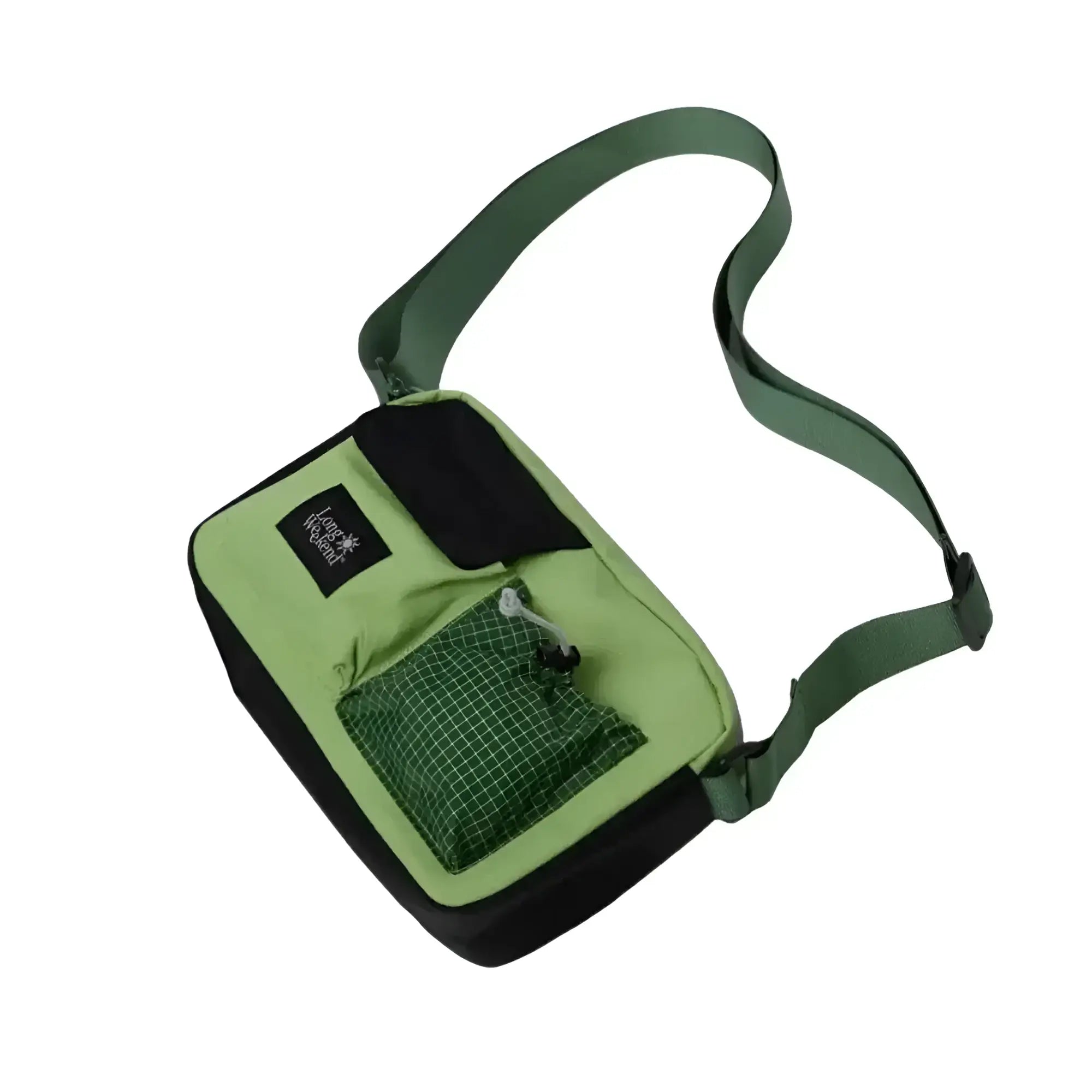 A lime green and black crossbody bag with a grid-patterned mesh pocket, featuring the kletter label on its front.