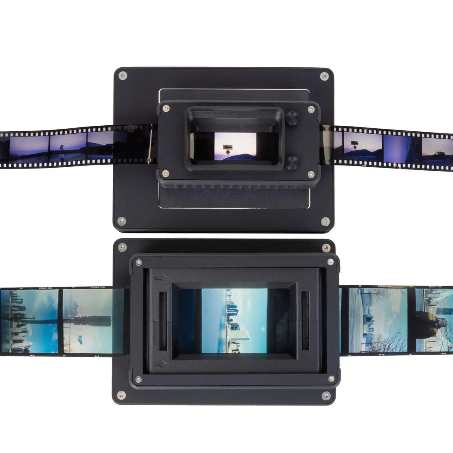 Black film scanner with two rectangular scanning units, each displaying a strip of photographic negatives.