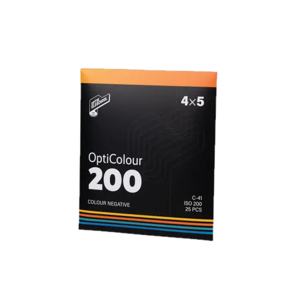 Black and orange optik oldschool opticolour 200 color negative film package with retro colorful stripes for 4x5 sheets