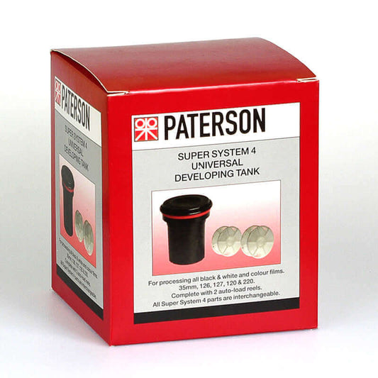 Paterson Universal Tank Super System 4 packaging for film processing, supports 35mm, 126, 127, 120, 220 rolls.