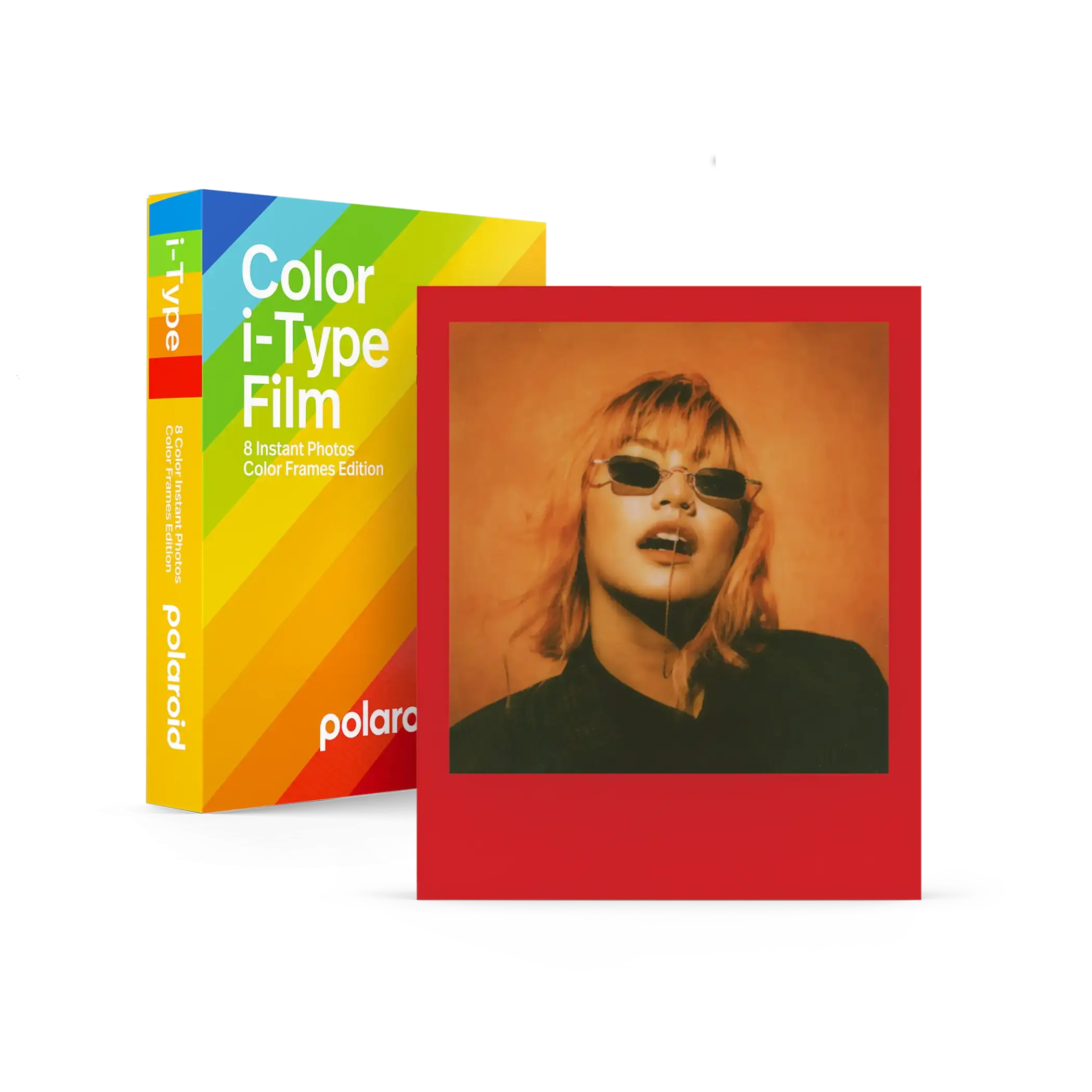Red-bordered instant photo with a model wearing sunglasses and dark clothing, printed on polaroid i-type film.