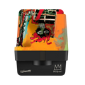 Polaroid instant camera featuring a vibrant, graffiti-style artwork with bold reds, oranges, and greens over a black base.