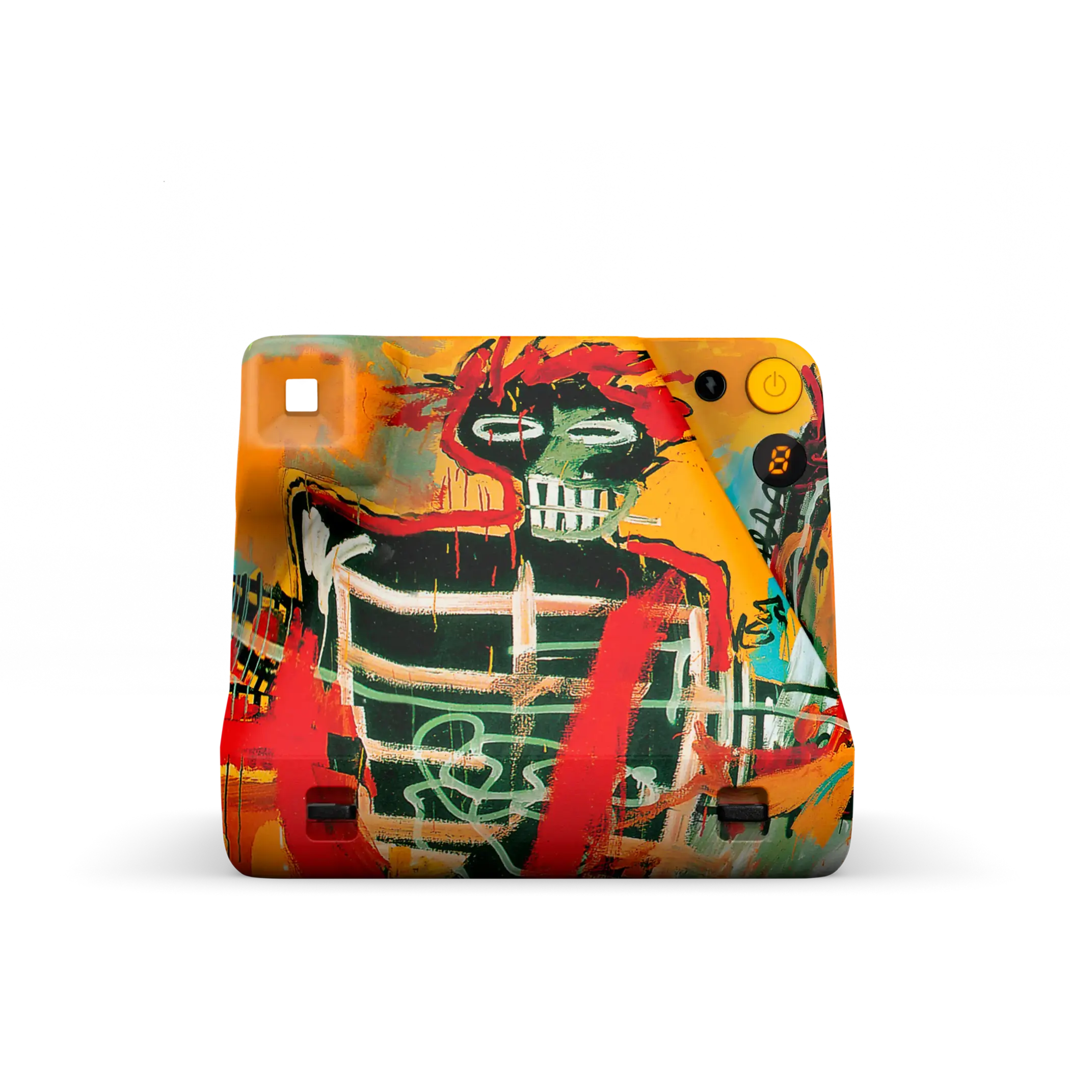 Vibrant graffiti-style camera skin featuring bold red, green, and orange splashes over a stylized skull design.