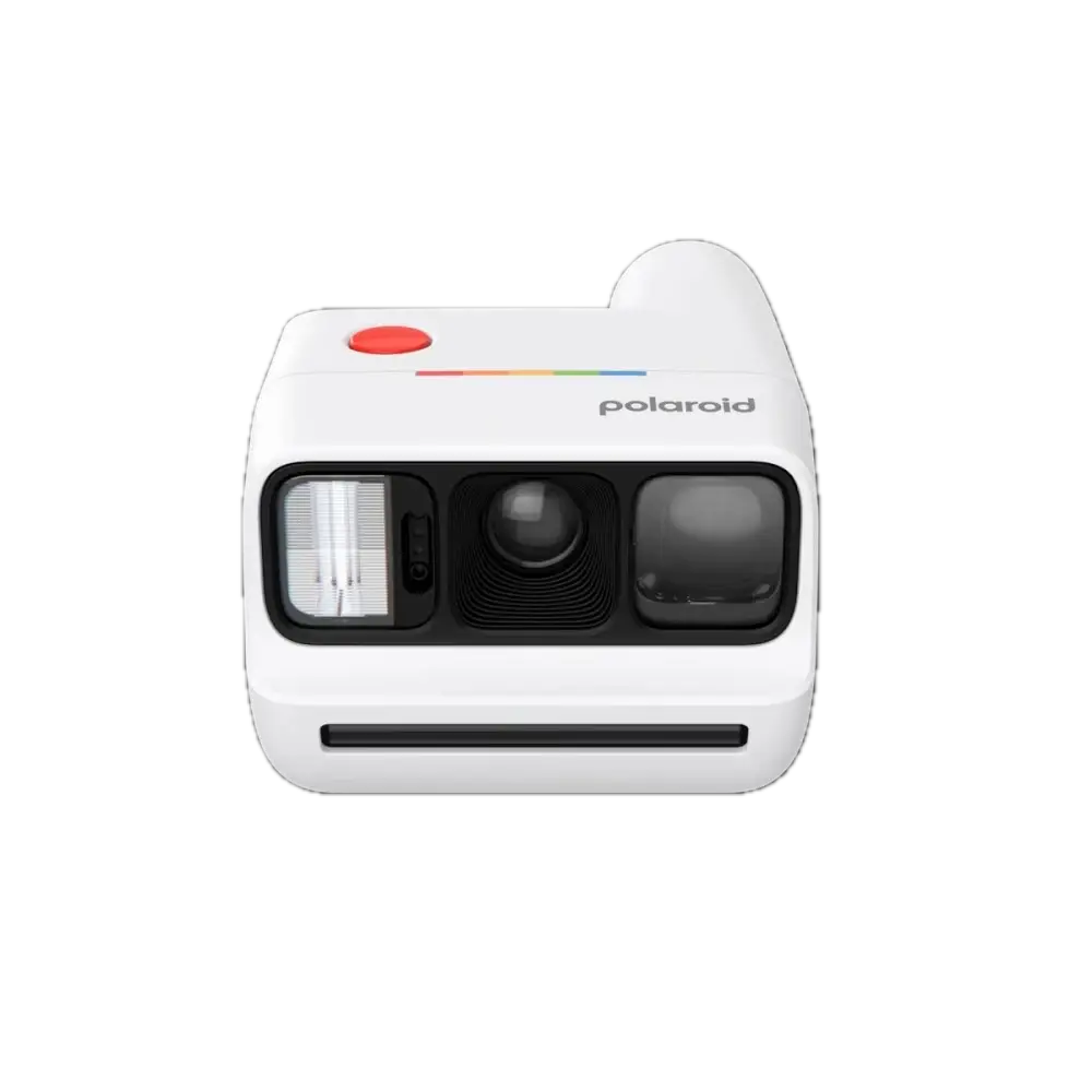Polaroid Go Generation 3 white instant film camera with red shutter button and rainbow logo for instant photos