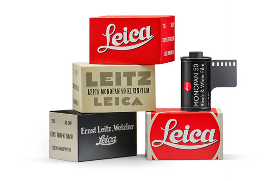 PRE-ORDER Leica Monopan 50 BW 35mm Film, 36 Exp 08/2027 Expiration product packaging display.