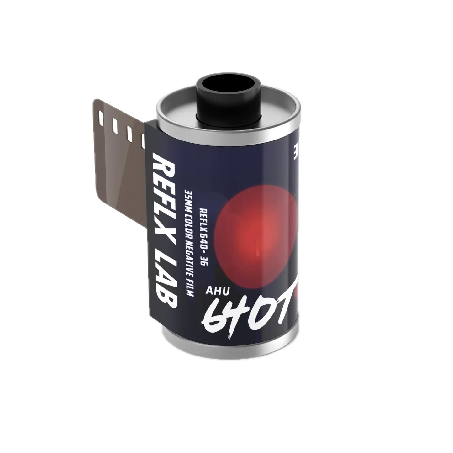 A sleek black and silver cylindrical roll of reflex lab 35mm color negative film, featuring a bold red circular design on its label.