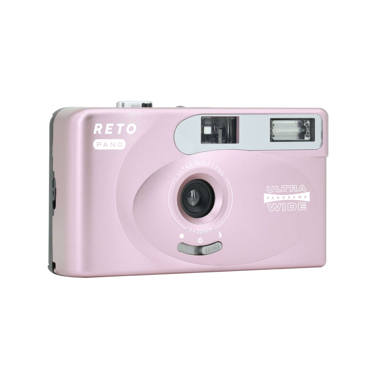 Reto Pano 35mm film camera in pink, designed for capturing stunning panoramic images.