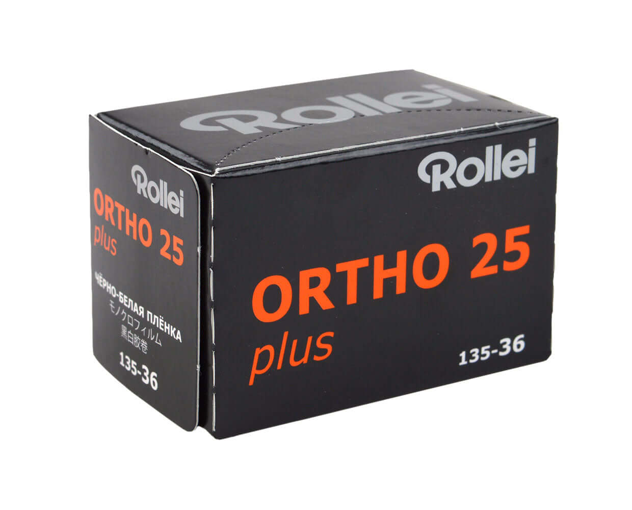 Rollei Ortho 25 Plus 35mm black and white film packaging, 36 exposures, orthochromatic photography.