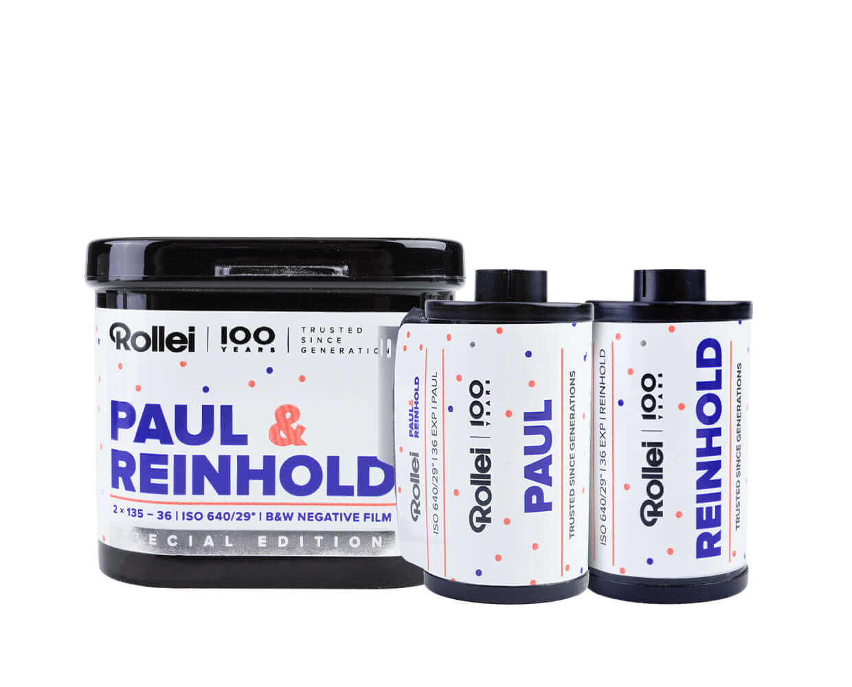 Rollei Paul & Reinhold special edition 35mm film twin pack, ISO 640/29° B&W negatives celebrating 100 years.