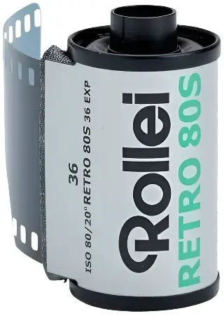 Rollei Retro 80S 35mm black and white film roll featuring 36 exposures for crisp photography.