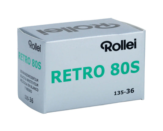 Rollei RETRO 80S 35mm black and white film box, 36 exposures, ideal for sharp images and wide tonal range.