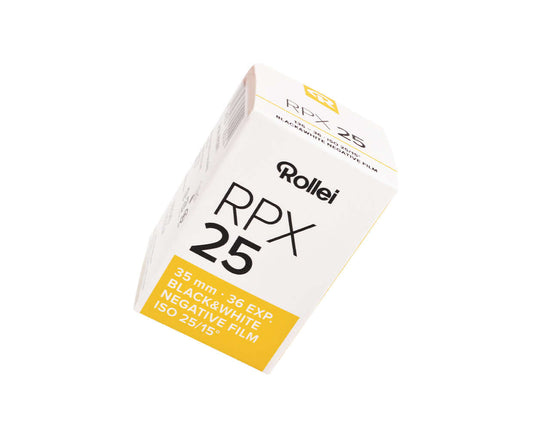 Rollei RPX 25 BW 35mm film packaging, 36 exposures, ultra-fine grain black and white negative film, ISO 25/15.