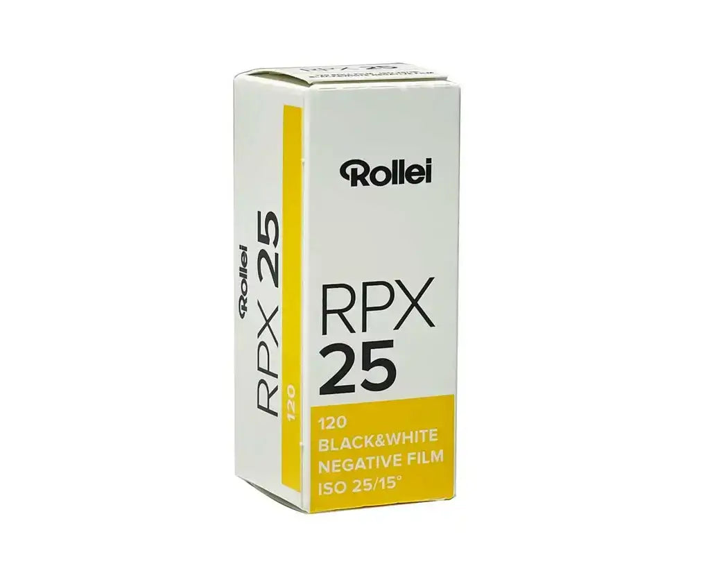 Rollei RPX 25 ISO 25 Black & White 120 medium format film packaging for detailed photography.