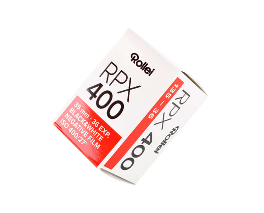 Rollei RPX 400 35mm black and white film box, ISO 400, 36 exposures for street photography and low light shooting.
