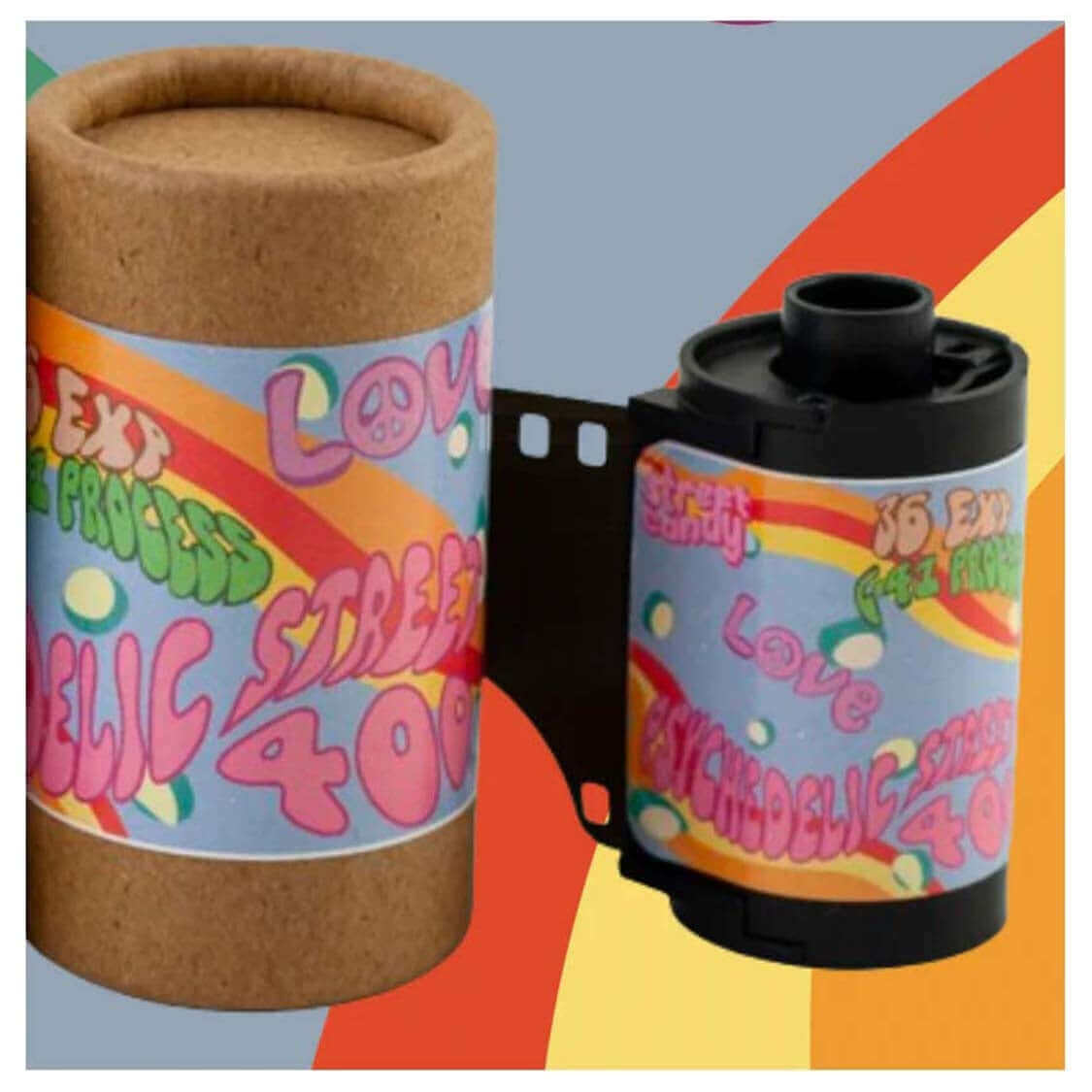 Street Candy Psychedelic 400 ISO film cartridge and packaging with colorful design.
