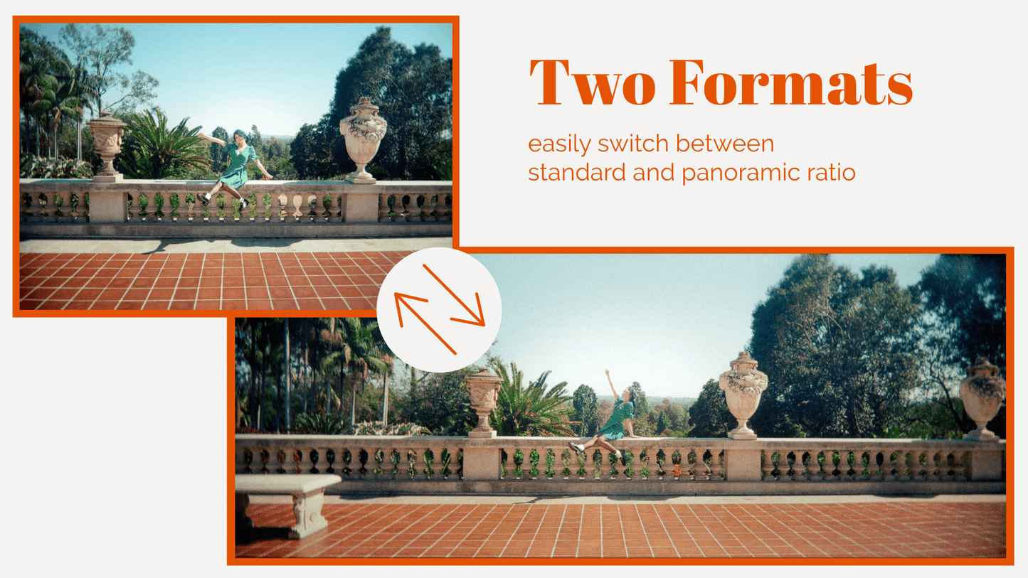 Graphic showing the Reto Pano camera in two formats: standard and panoramic ratios for versatile photography.