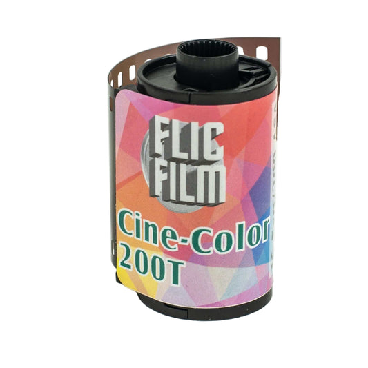 Flic Film 200T ECN-2 35mm cinematic color film with vibrant packaging, ideal for storytelling and vivid imagery.