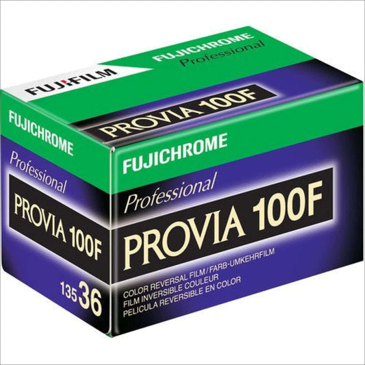 Fujifilm Fujichrome Provia 100F 35mm color reversal film package, ISO 100, designed for vivid colors and fine grain.