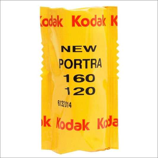 Kodak Portra 160 ISO 120 medium format film roll packaged in a yellow wrapper, ideal for portrait and fashion photography.