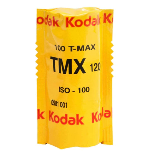 Kodak Tmax 100 ISO 100 120 medium format black and white film package with panchromatic characteristics.