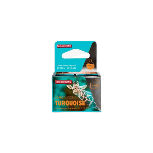 Lomography LomoChrome Turquoise 35mm color negative film box, ISO 100–400, ideal for vibrant turquoise tones.