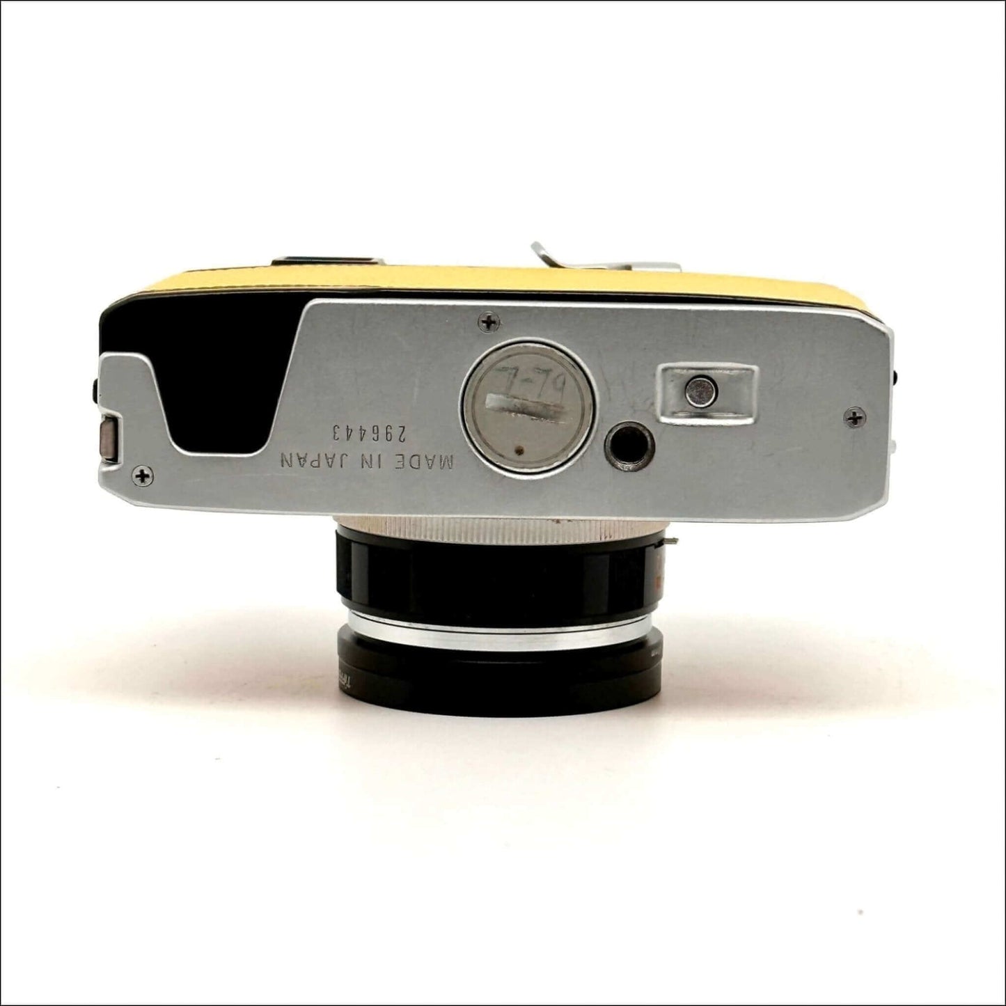 Olympus 35 Rc used yellow rangefinder film camera top view with lens, part of Select CLAd cameras.