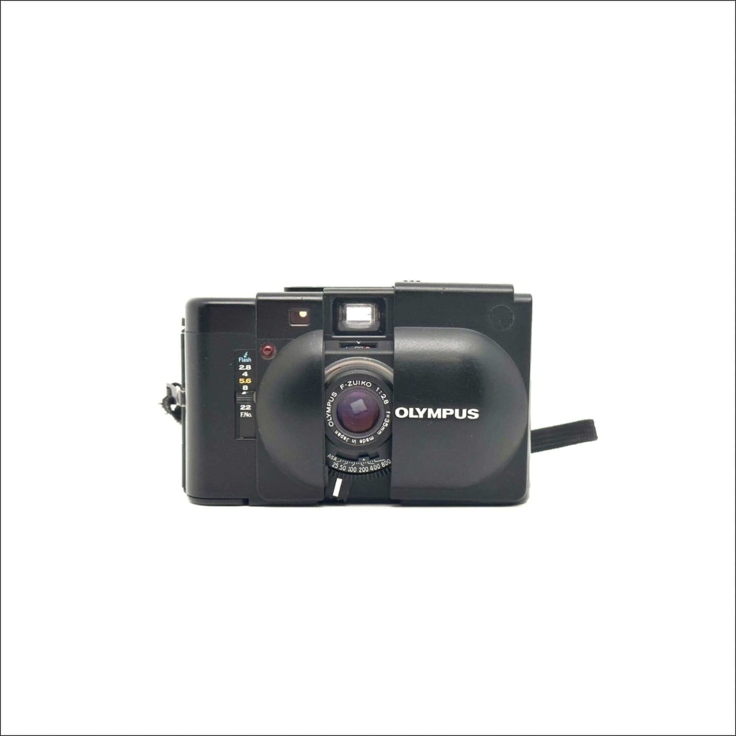 Olympus XA used 35mm vintage film camera front view with lens and controls