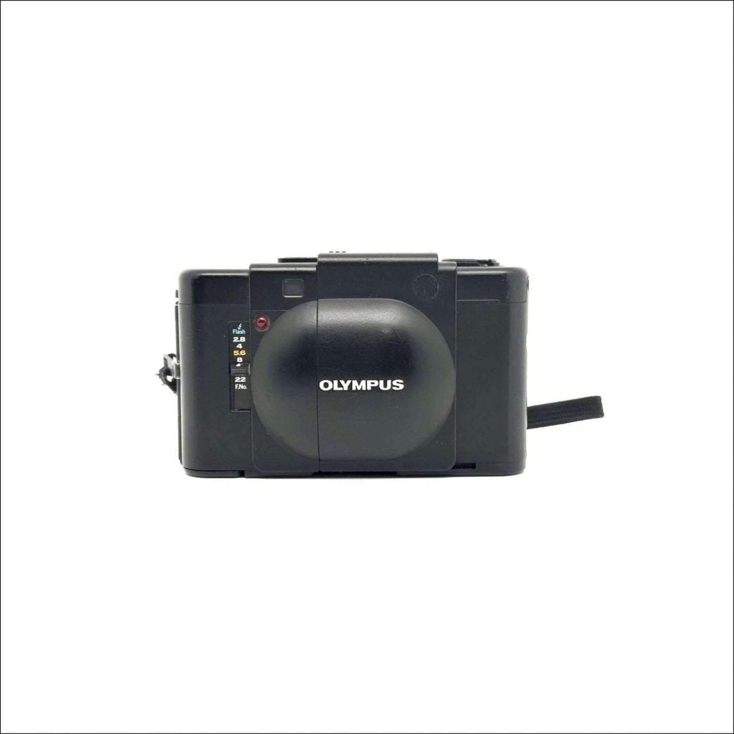Olympus XA 35mm used film camera showing back view with slight paint loss, fully functional and overhauled.