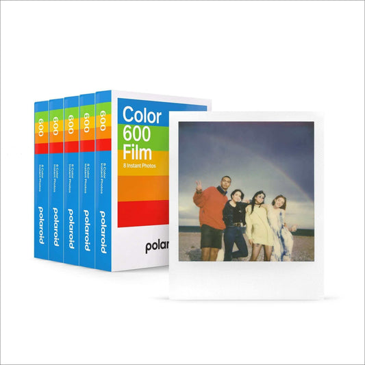 Polaroid Color 600 five pack instant film with sample photo, featuring classic white frame and rainbow backdrop.