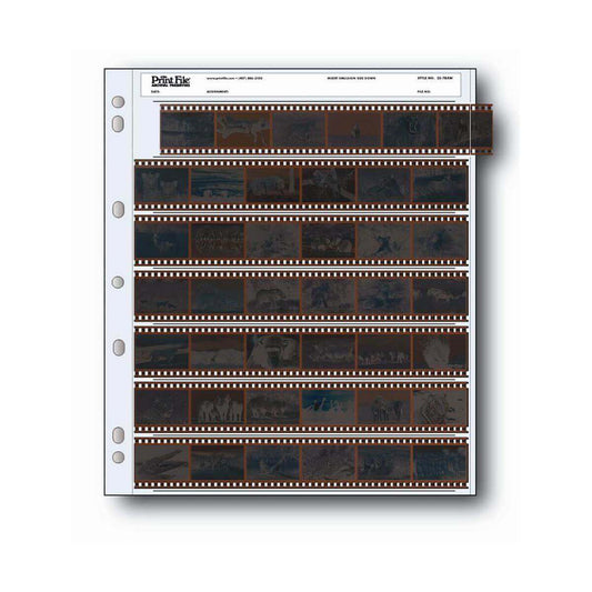 Print File 35mm archival sleeve displaying 6 frames per row and 7 rows for negative storage, ideal for quality contact sheets.