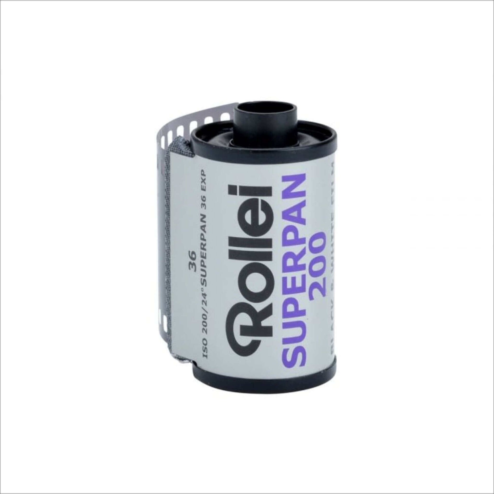 Rollei Superpan 200 BW 35mm film roll, 36 exposures, ISO 200, high-speed black and white negative film.